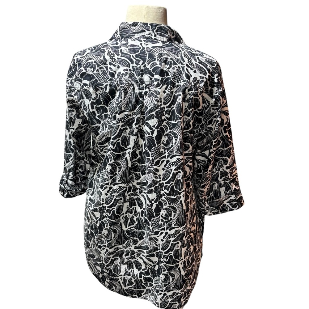 Black and White‎ Abstract Floral Button Down Tunic Shirt 3/4 Sleeve Top #799 - Picture 4 of 11